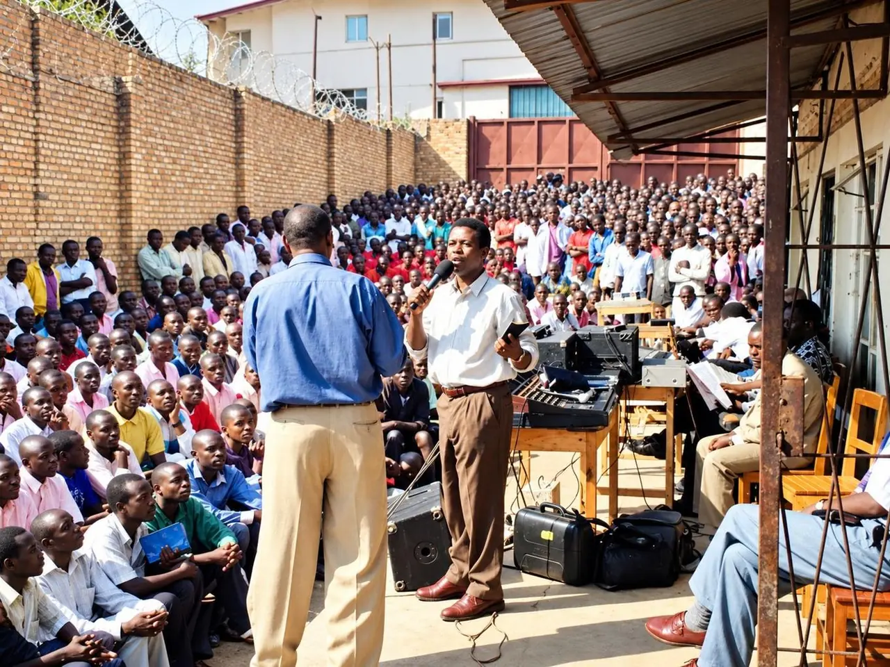 A teaching session with a seated gathering in a compound