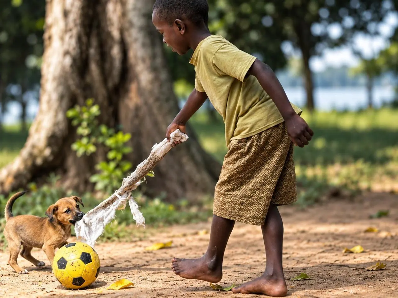 A boy playing football by the lakeshore