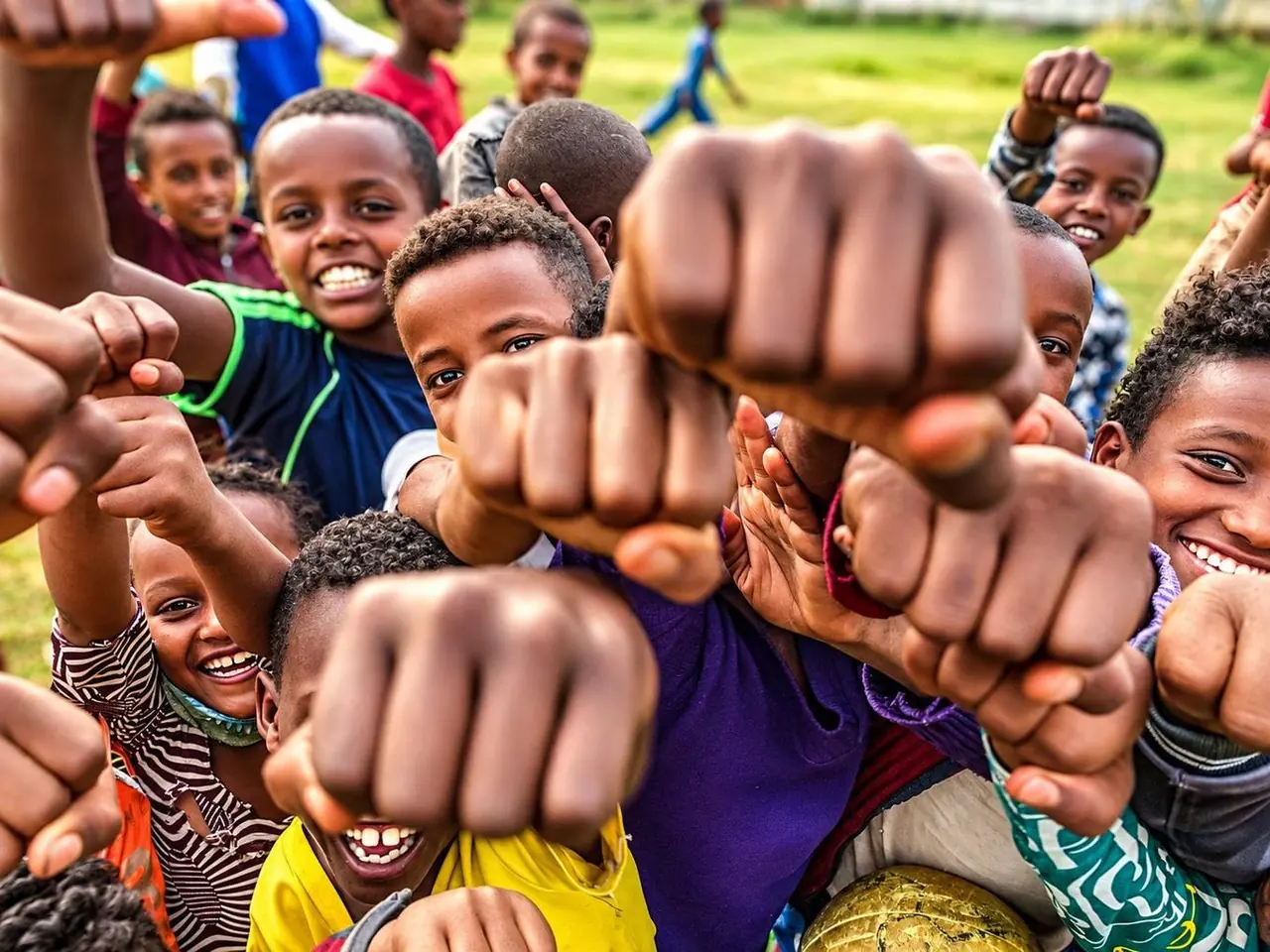 Children laughing with fists held out to the camera