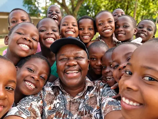 The children crowd in for a photograph