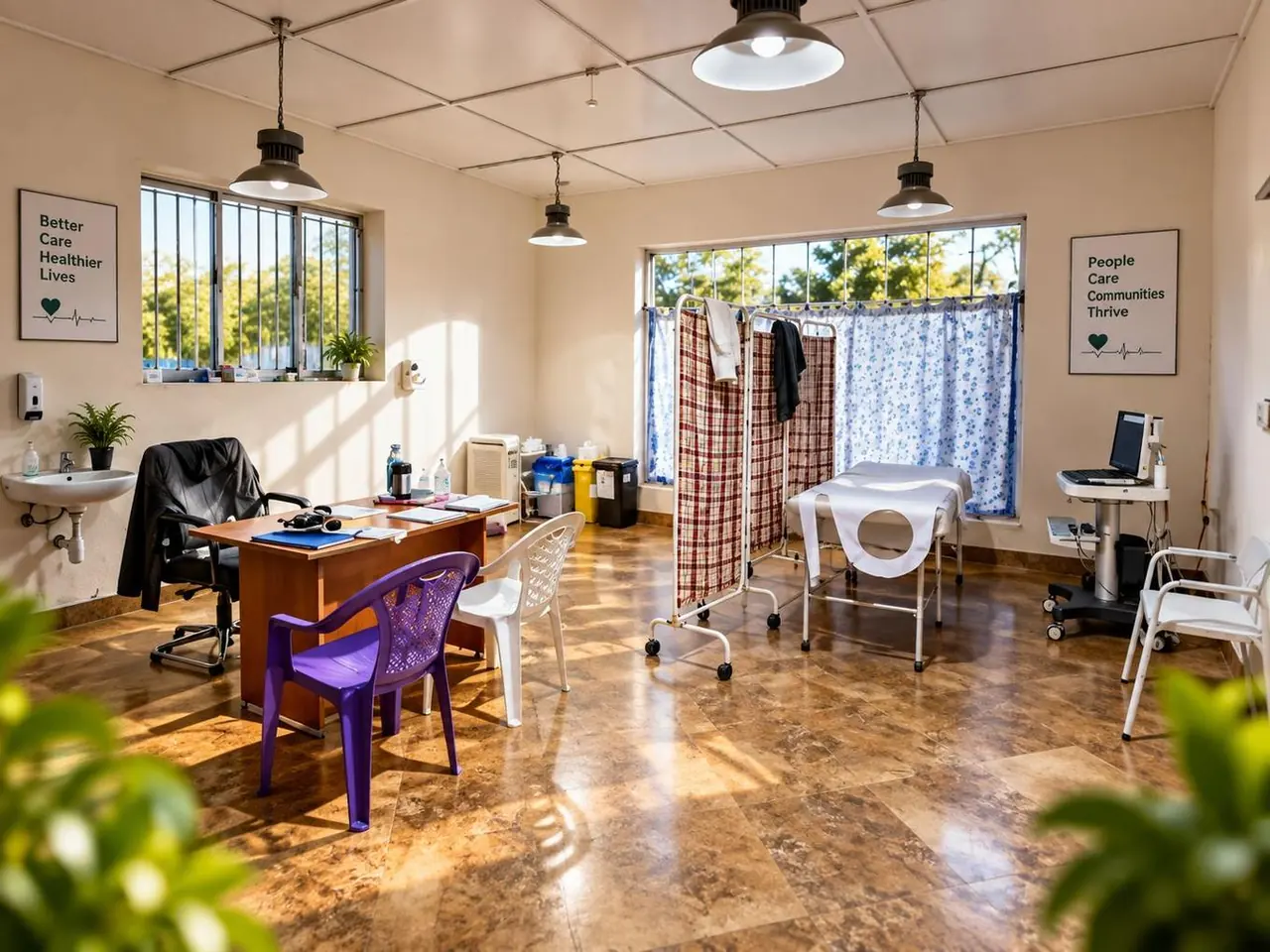 A consultation room with an examination couch behind a privacy screen
