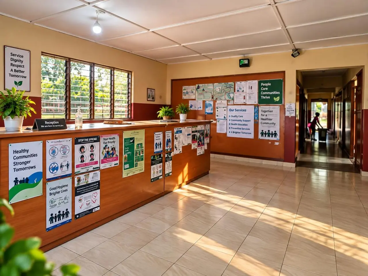 The reception counter and health information boards