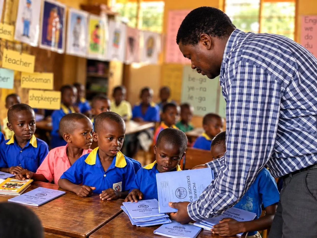 A teacher working with pupils in a classroom