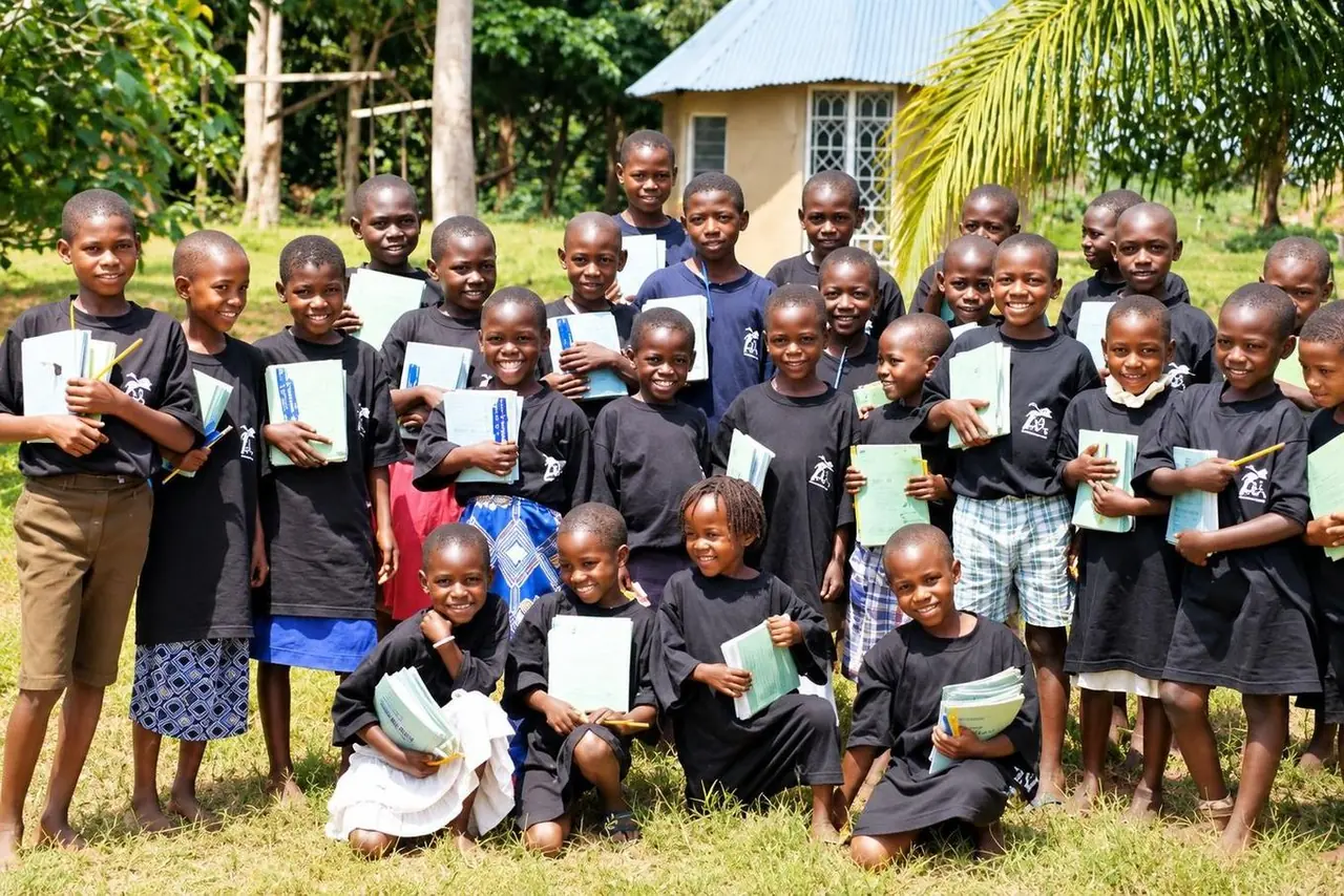 Schoolchildren in uniform holding their exercise books
